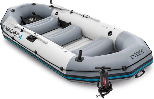 Inflatable Boat with Deluxe Oars and High-Output Pump, Heavy-Duty PVC, Wear-Resistant Keel, Removable Fishing Rod Holders, and Heavy Duty Grab Handle
