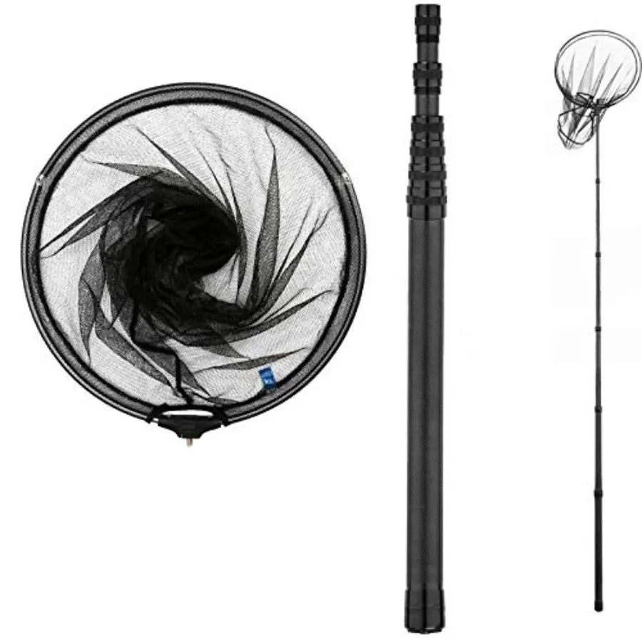 Fishing net for landing and crabbing, carbon fiber telescoping handle, black, extra long 9ft/11.15ft, rubber coated netting, ho