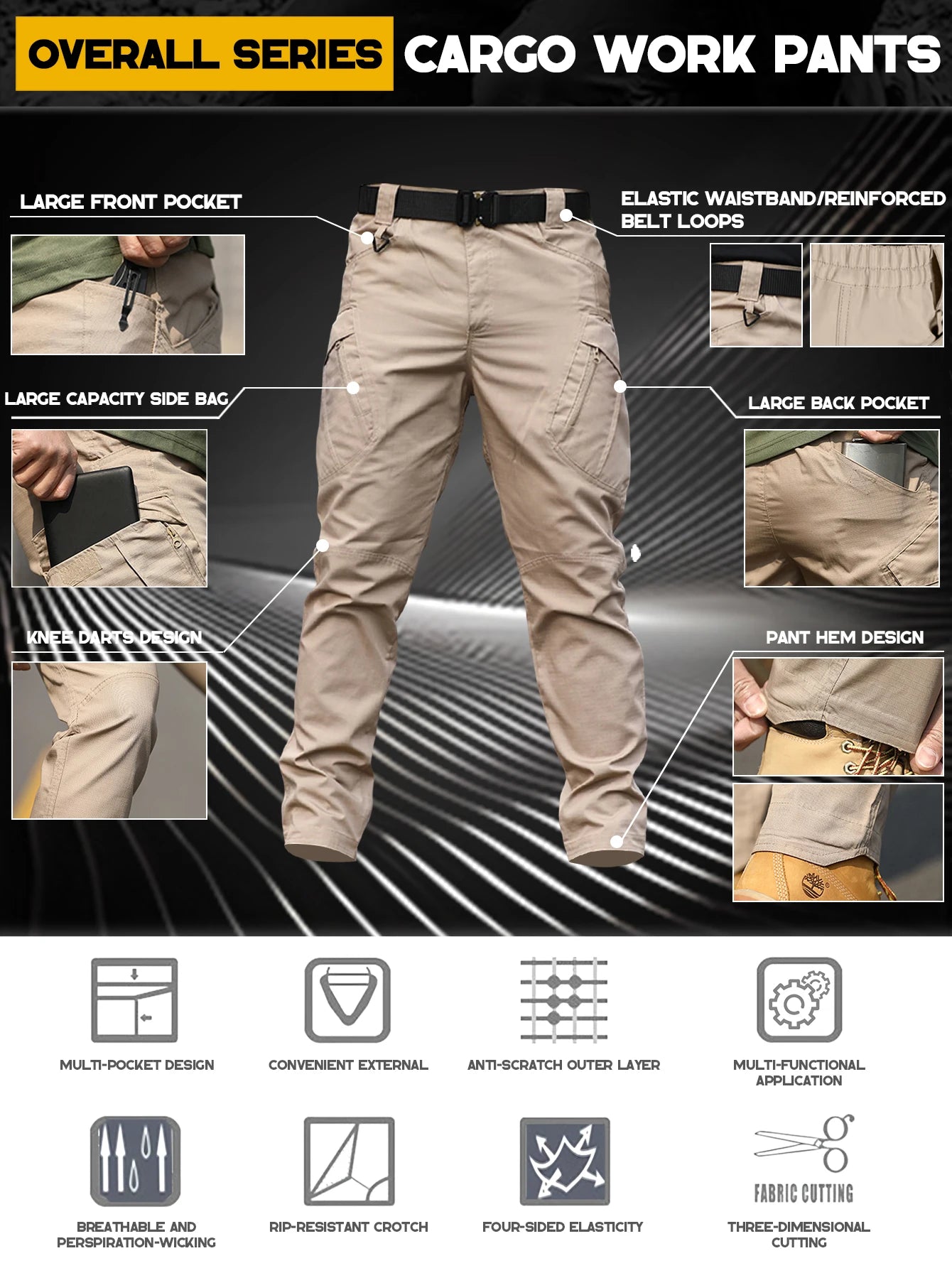 Khaki Tactical Cargo Work Pants for Men, Durable Ripstop Multi Pocket Outdoor Hiking Pants, Water Resistant Utility Trousers