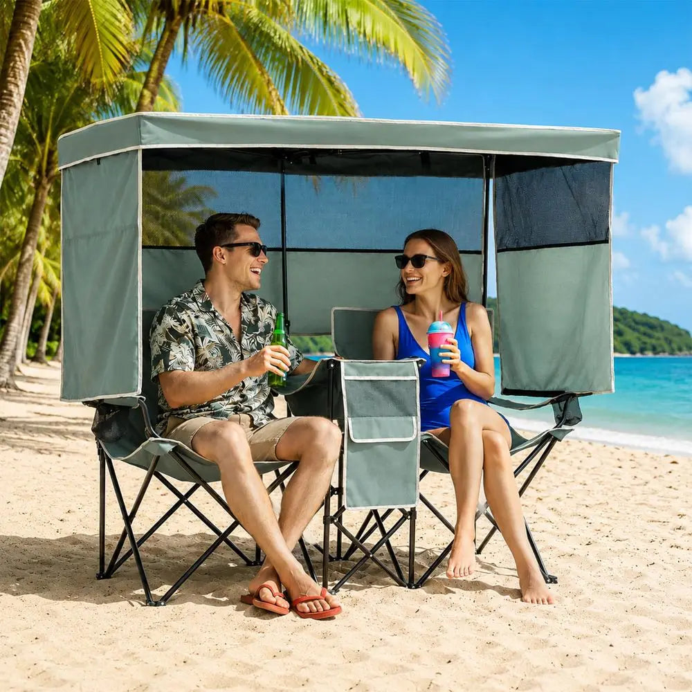 Beach Chair with Canopy Shade Oversized Camping Chairs with Canopy, Cooler Bag amp Cup Holder Folding Loveseat for Camp Fishing