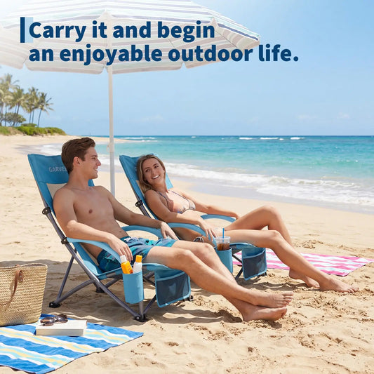 Beach Chair 2 Pack For Adults, Folding Portable Camping Chairs With Cup Holder, Side Pocket And Carry Bag For Beach Travel