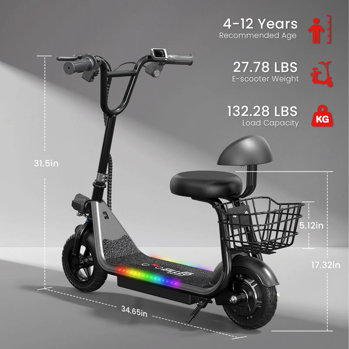 Spacewalk Kids Electric Scooter with Bluetooth Speaker Foldable Design Seat Carry Basket LED Light Strip 11MPH Speed 132lbs Max