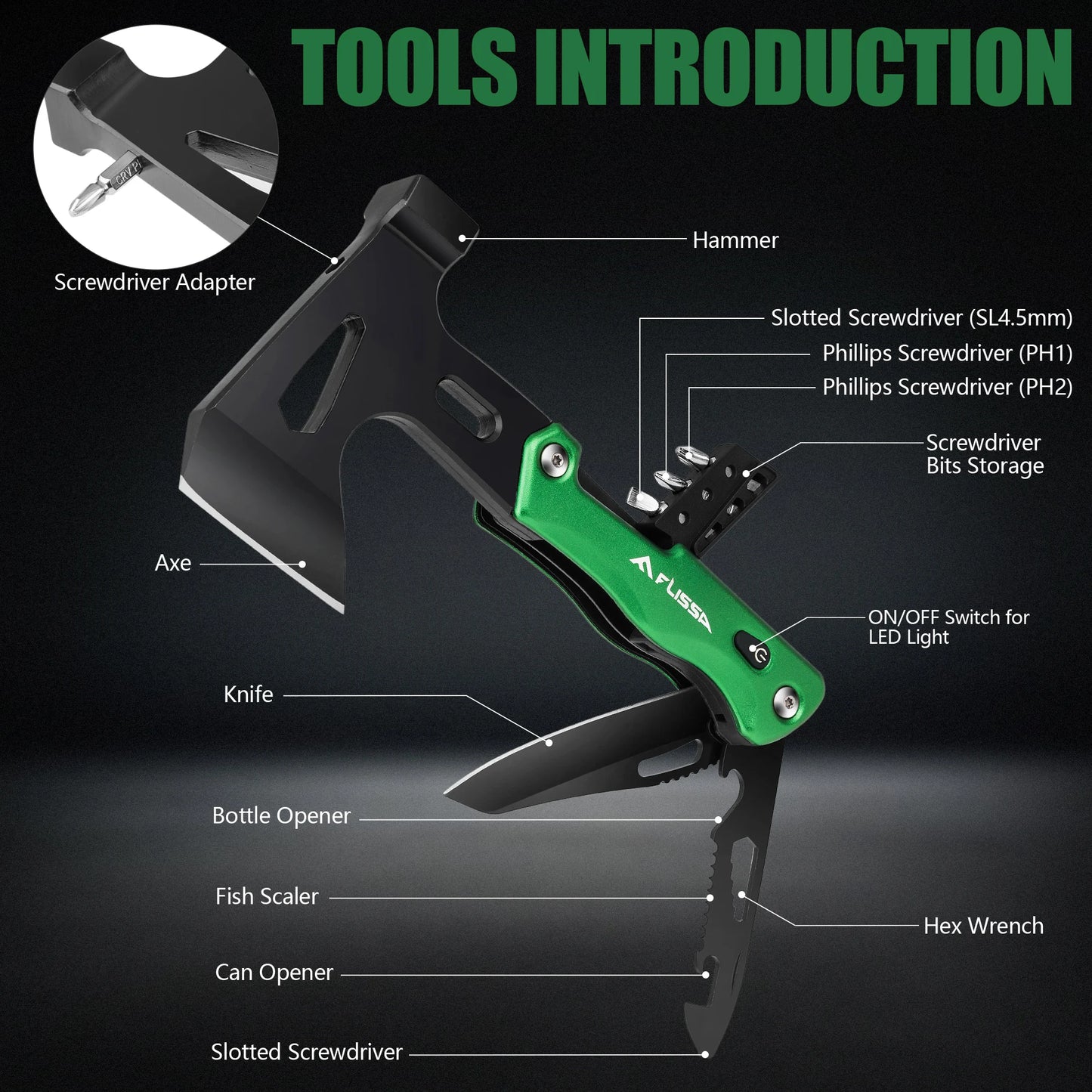 Camping Axe Hammer 14-in-1 Multitool, Hatchet Multi Tool Stainless Steel with LED Light, EDC Hiking Survival Multi Functi