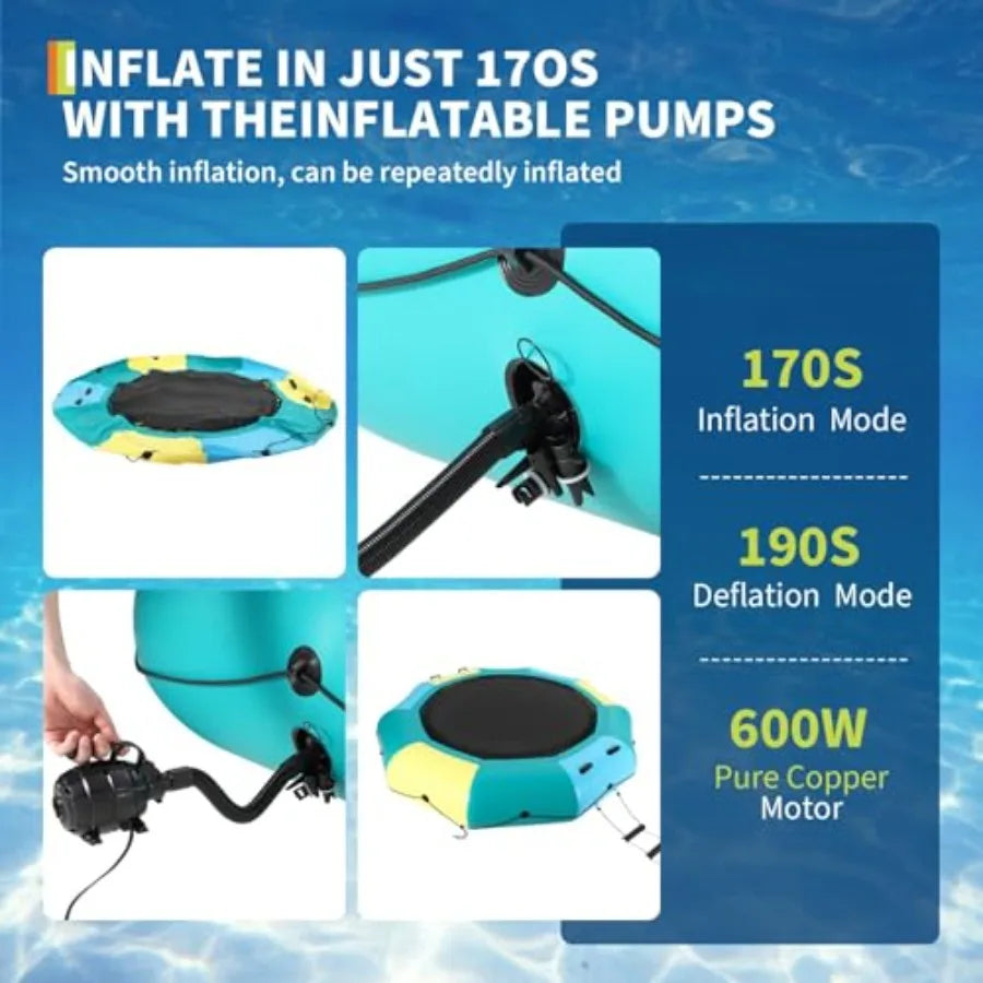 Inflatable Water Trampoline For Lakes And Pools, PVC Material, Blue And Yellow, Heavy-Duty Bounce Platform With Electric Inflat