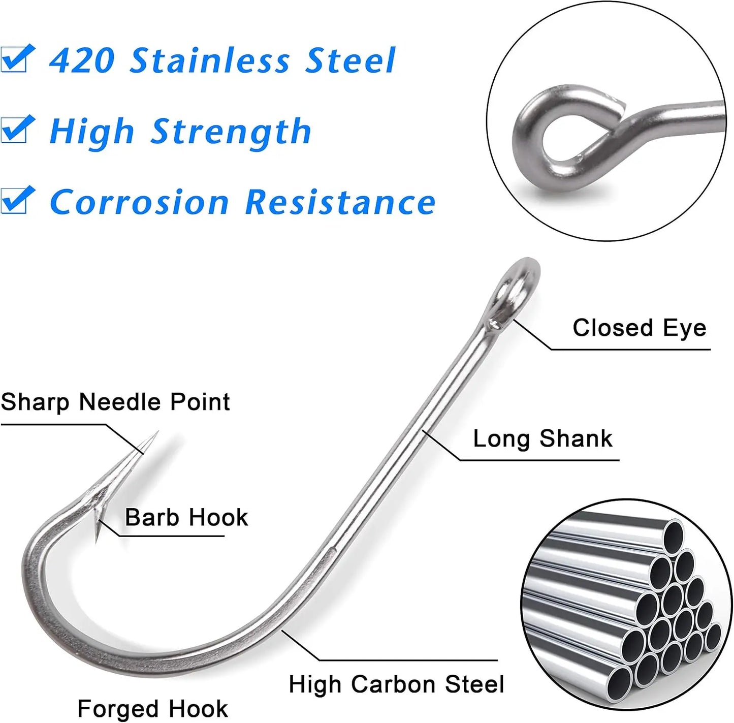Saltwater Fishing J Hooks Kit,110pcs Forged Hooks Long Shank Stainless Steel J Fishing Hooks Set Trolling Sea Bass Fishhooks for Saltwater Freshwater