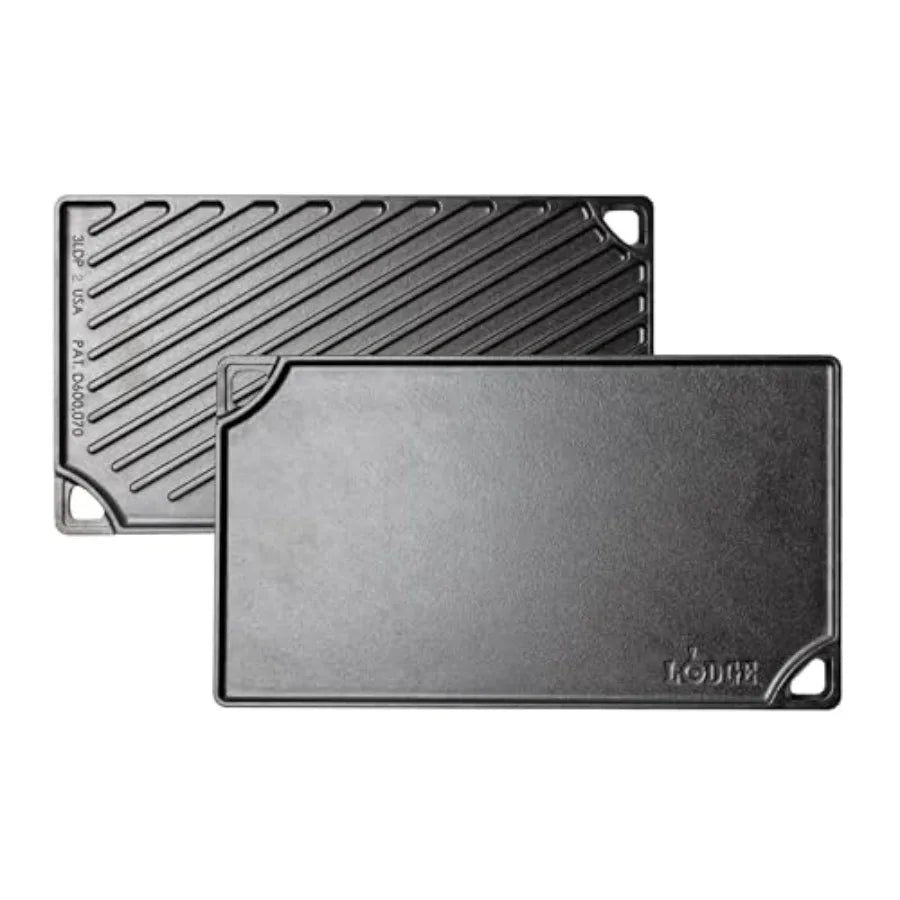 Reversible Cast Iron Grill/Griddle Pan 16.75 x 9.5 - Pre-Seasoned Dual-Sided Double Burner for BBQ, Eggs, Pancakes, Burgers - P