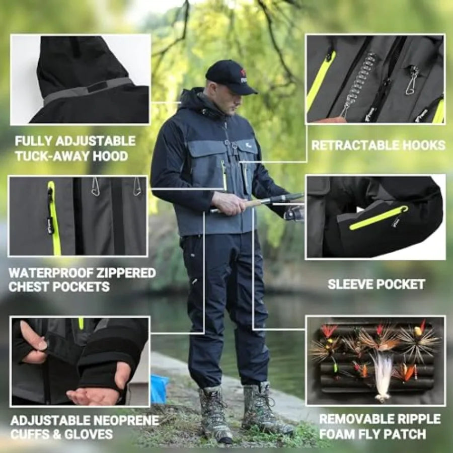 Fishing wading jackets for outdoor use, nylon fabric, olive green, breathable and waterproof