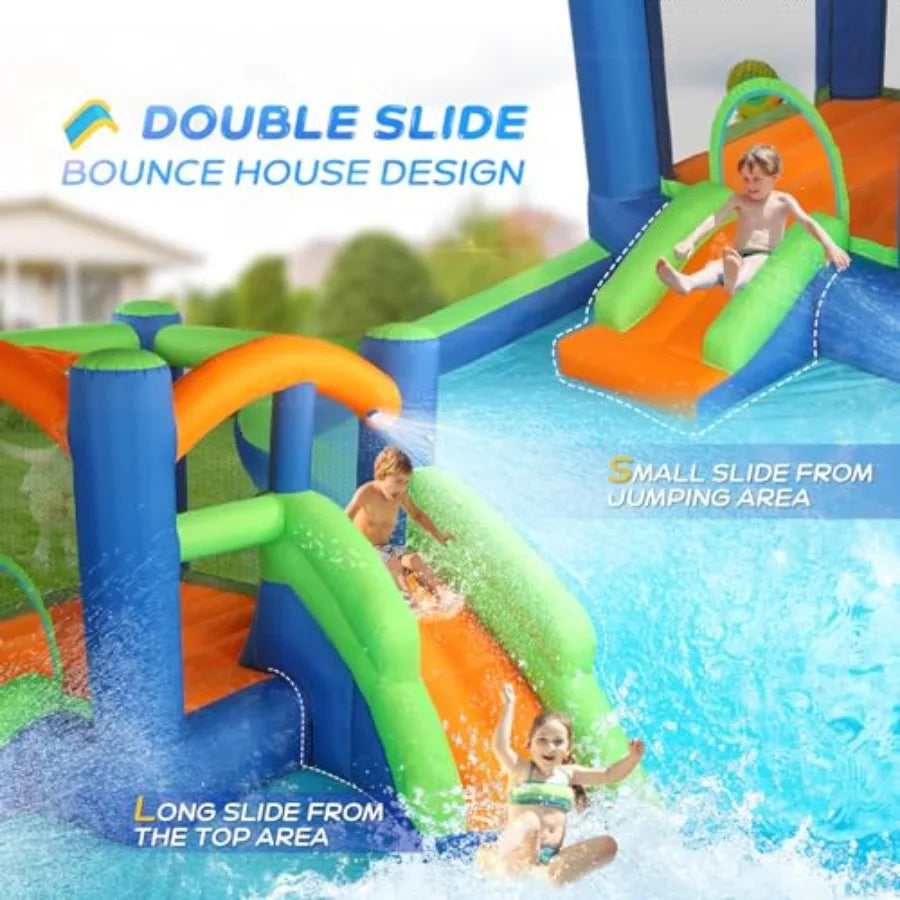 Inflatable Water Slide Bounce House for 3-6, 30s Blow Up Water Slide w/Basketball Hoop, Water Cannon, Ring-Toss Game, Inflatabl