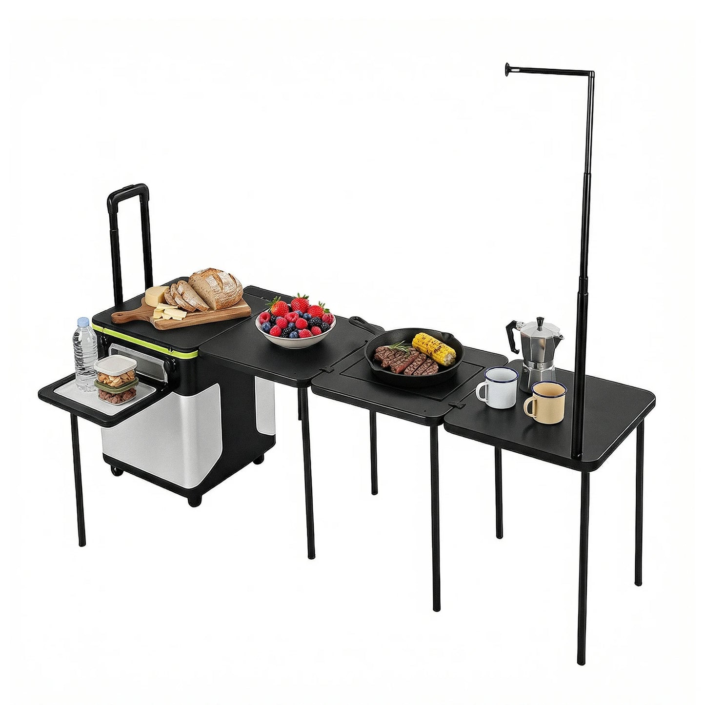 Portable Folding Kitchen Table with Wheels Camping Kitchen Table Cookware Table with Light Poles for RV Tailgating BBQ Picnic