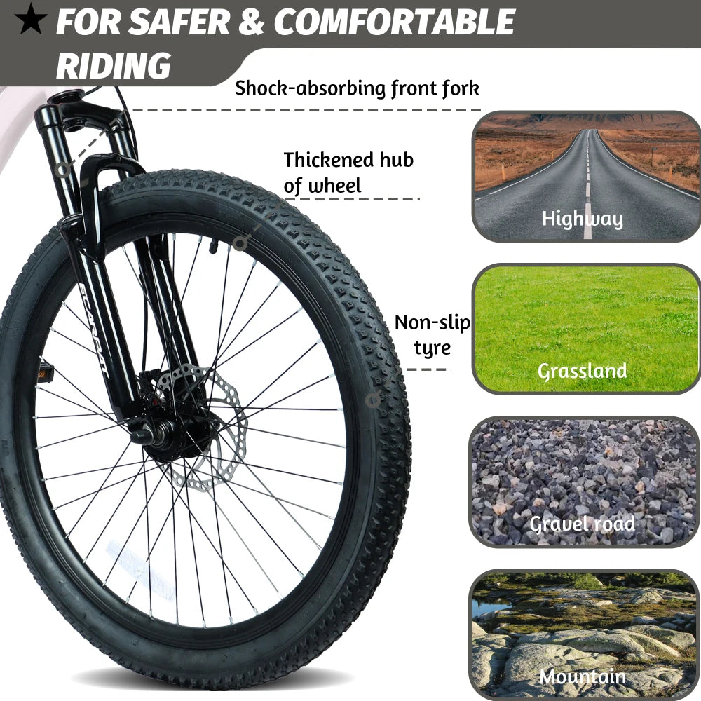 24 Inch Youth Mountain Bike with 7 Speeds & Front Suspension Durable Steel Frame, Alloy Rims & Disc Brakes For Boys and Girls in Multiple Colors