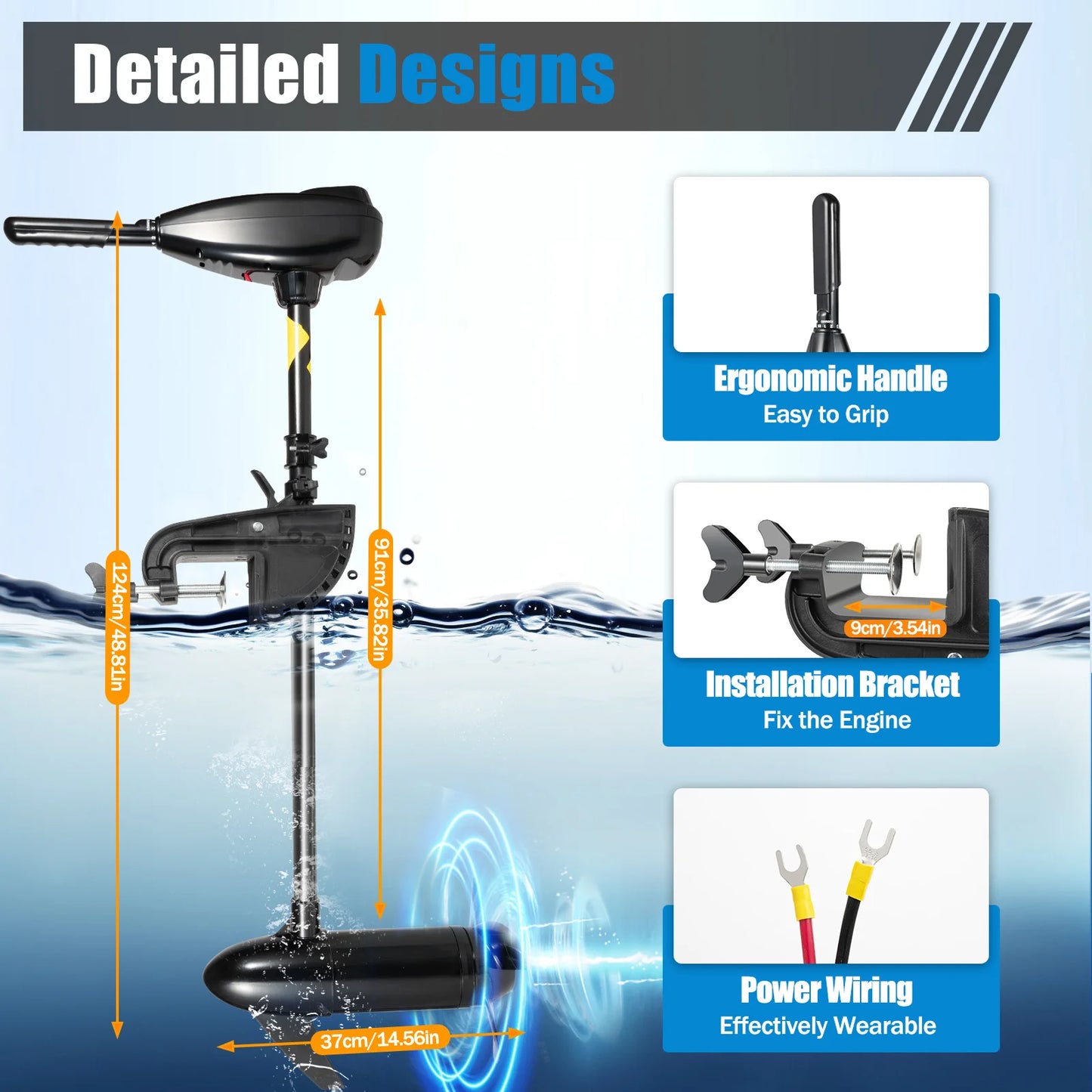 Black Modern Electric Outboard Engine 5 Forward 3 Reverse Gears 3 Blade Propeller Aluminum Alloy Electric Outboard Engine