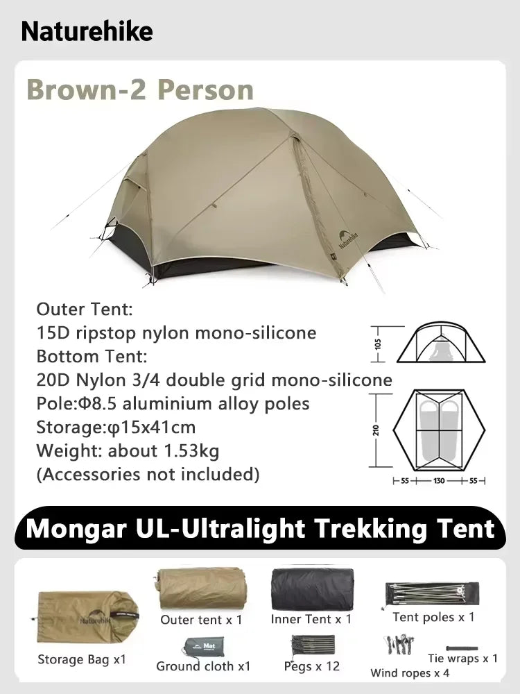 Naturehike Mongar UL Ultralight Backpacking Tent 15D Nylon Waterproof Hiking Tent 1/2 Person Riding Travel Trekking Shelter Tent