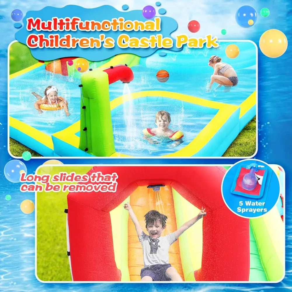 Garden Furniture Inflatable Water Slide Park with Splash Pool Climb The Wall, 3 Inflatable Sport Balls and 4 Water Guns, Water S