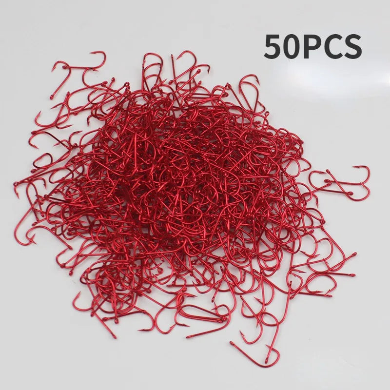 50pcs 1#-9# Fishing Hook Series Barbed Fishhook High Carbon Steel Red Gold Fishhooks Bent Baitholder Ringed Carp Hook Tackle