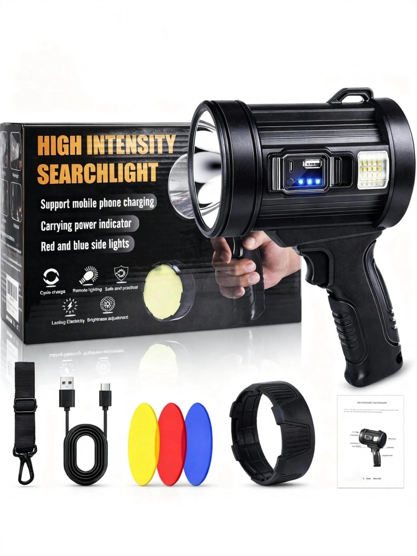 "Rechargeable Spotlight,  Super Bright Spotlight Flashlight, Long Running Spot Light Searchlight, Outdoor Handheld LED Flashlight High Lumens with Solar Panels for Hunting Camping Boat "