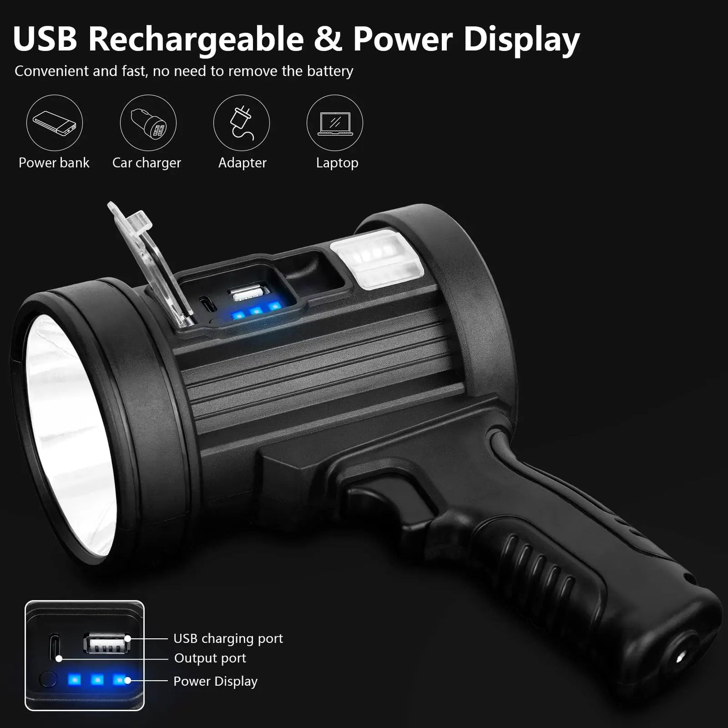 Rechargeable Spotlight, 1000,000 Lumens Handheld Hunting Flashlight Led Spot light with Cob Light and Solar Panels  for Camping