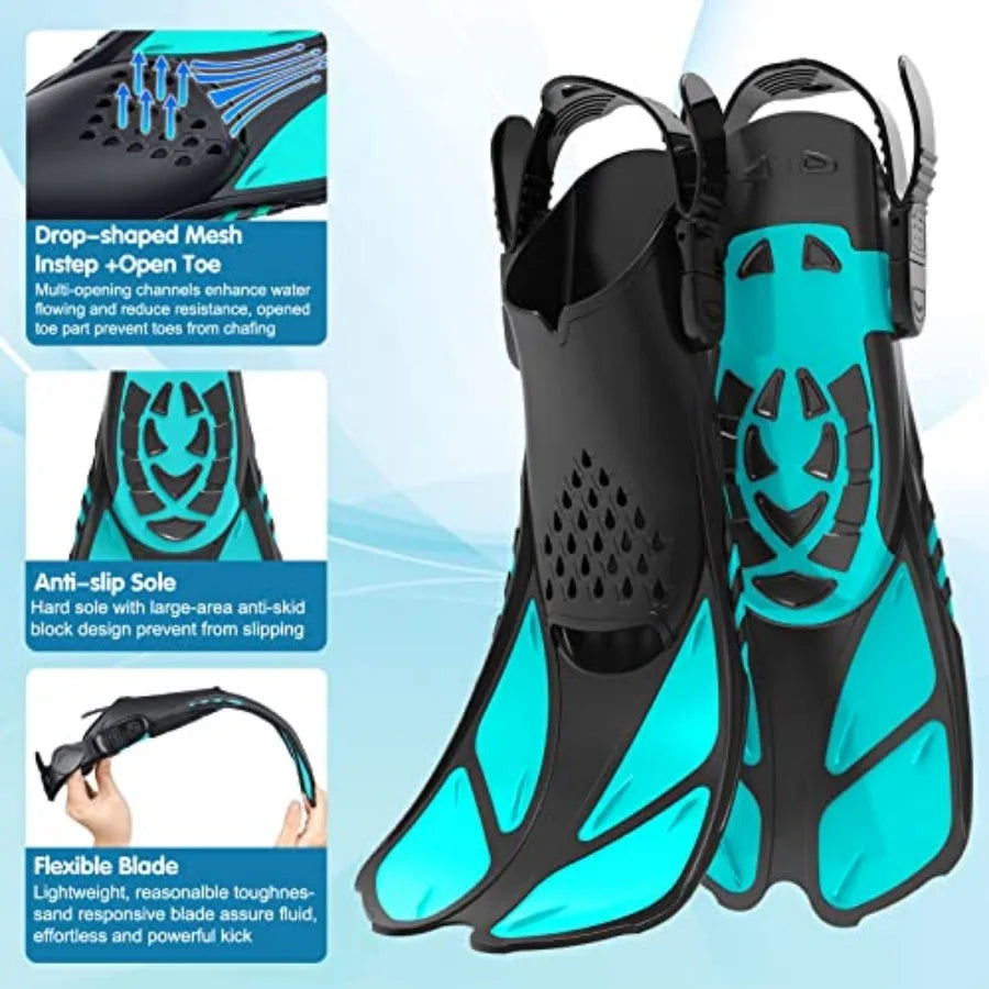 Snorkel Set, Mask Fins Snorkeling Gear for Anti-Fog Swim Goggles 180 Panoramic View Dry Top Snorkel and Dive Flippers Combo wit