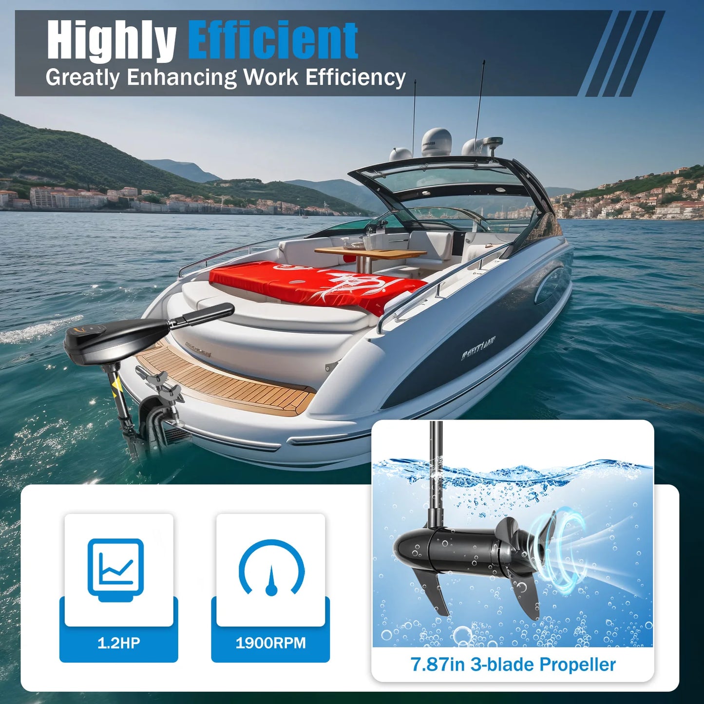 Black Modern Electric Outboard Engine 5 Forward 3 Reverse Gears 3 Blade Propeller Aluminum Alloy Electric Outboard Engine