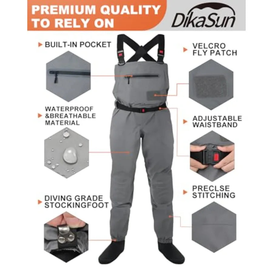 Breathable Stocking Foot Waterproof Chest Waders for Men Women Lightweight Waders for Fly Fishing in Black