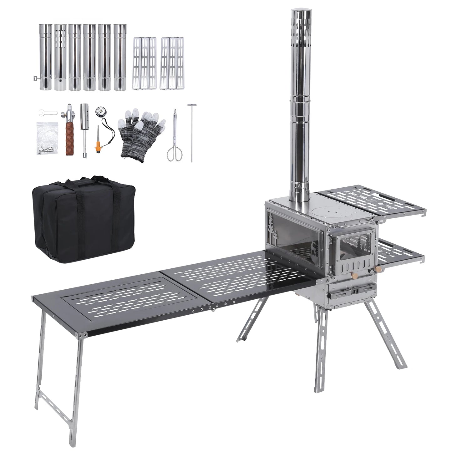 Portable  Stoves with Oven & Camping Table with Chimney Pipe Hot Tent Stove Stainless Steel for Heating Cooking Hunting
