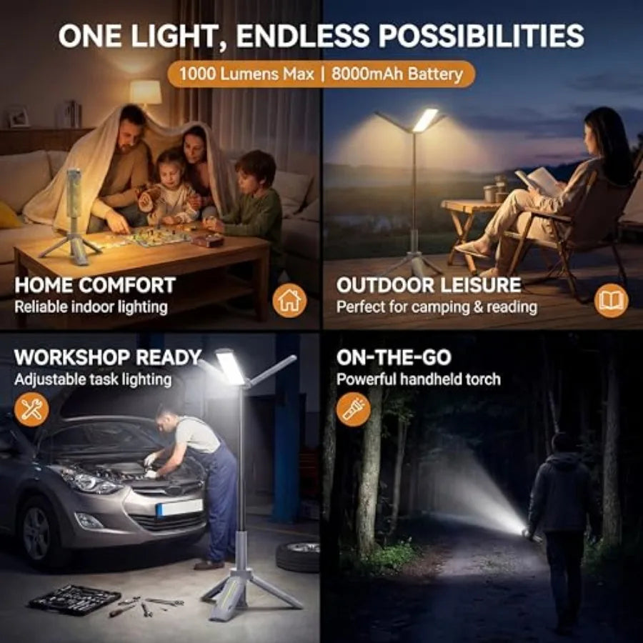 40" Telescopic Camping Lights with Stand, 8000mAh Rechargeable LED Work Light and Camp Lantern, 1000LM Portable Tripod Lamp, 20