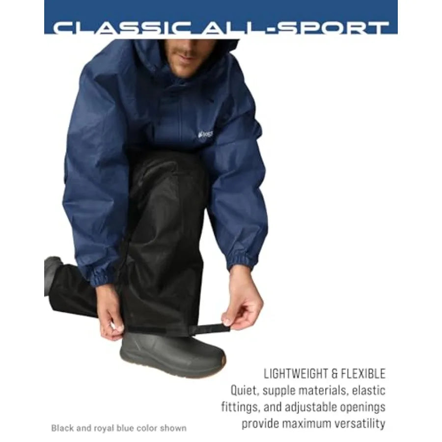 Men's Classic All-Sport 3-Layer Waterproof Breathable Rain Suit for outdoor activities, nylon-polyester blend, black, fully tap
