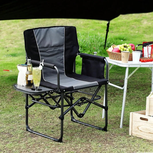 Folding Camping Chairs For Adults, Portable Lawn Chair With Side Table, Side Pocket Beverage Holder, Heavy Duty Director Chair