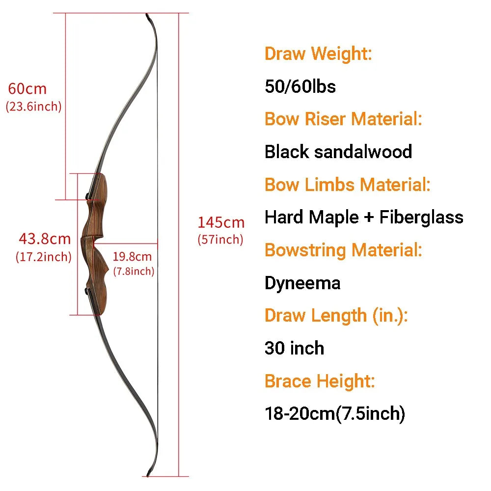 ILF Recurve Bow 60 Inch Takedown Split Bow Set 50/60lbs Right Hand Wooden Riser Archery Target Practice Hunting Equipment