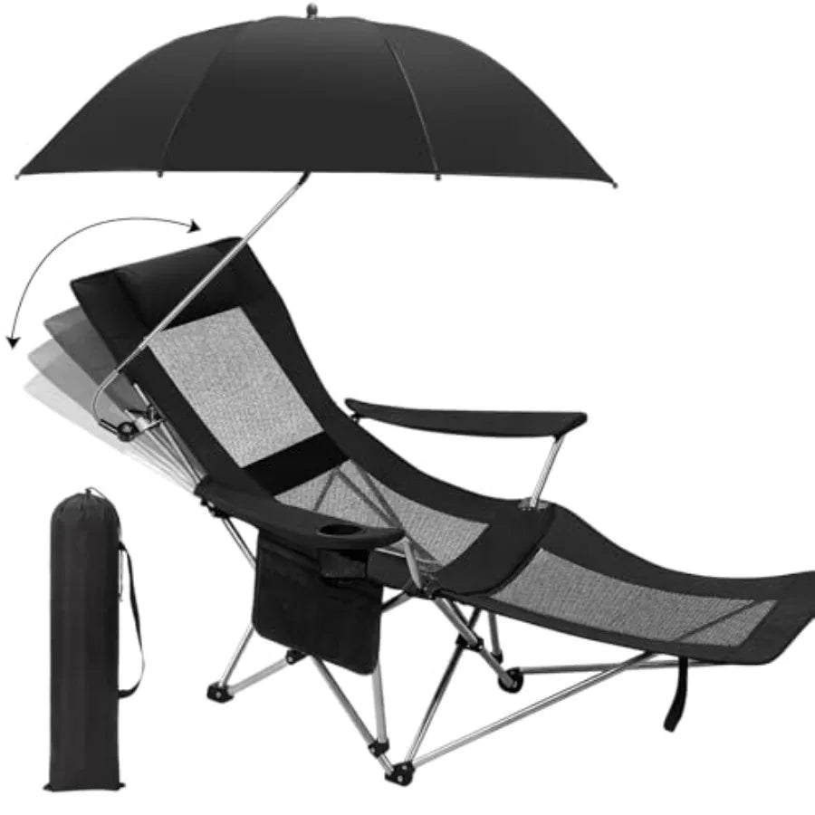 2 in 1 Beach Chair with Umbrella Folding Camping Reclining Chair with Sunshade Headrest Footrest 4 Position Adjustable Mesh Lou
