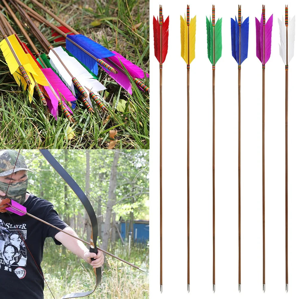Turkey Feather Bamboo Arrows 6/12pcs 33.4" OD 8mm Slotted Nock Precision Balanced Shaft for Traditional Compound Recurve Bow Hunting Shooting Practice Archery Accessories