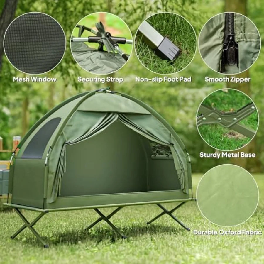 Camping Tent Cot: Off-Ground Single-Person Folding Cot Combo with Waterproof Polyester Tent, Gray/Black, Lightweight Compact fo