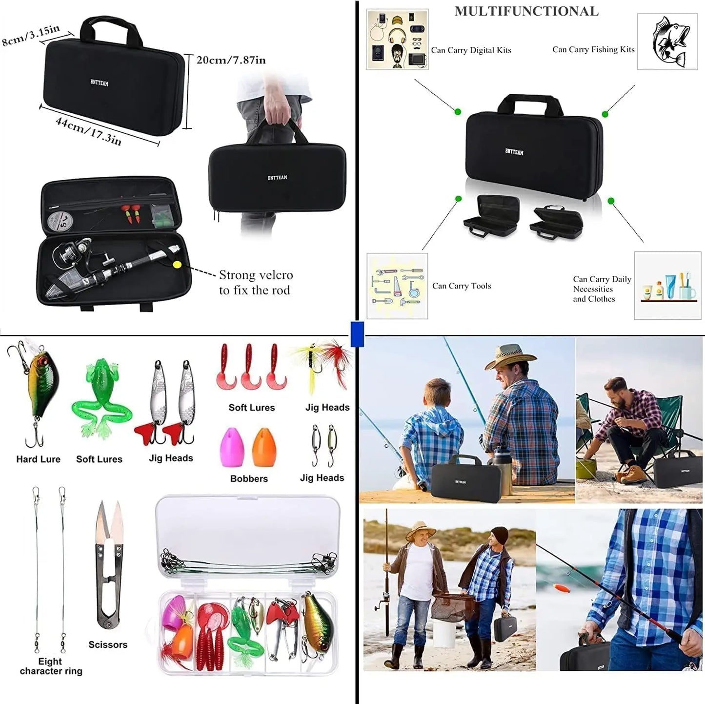 Portable Fishing Spinning Rod and Combo Set Carbon Fiber Fluorescent Rod Tip, with Fishing Lures Line