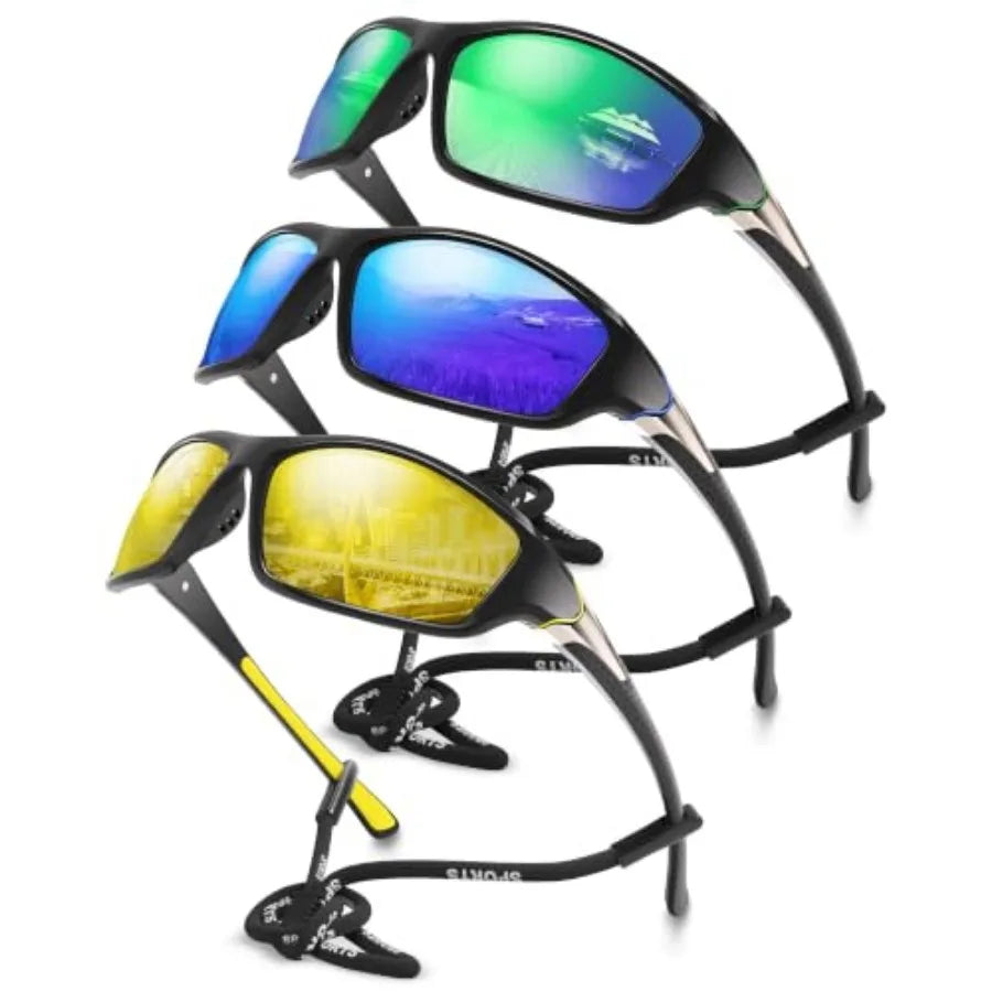3 Pack Polarized Sports Sunglasses for Men, Mens Sunglasses Wrap Around UV Protection for Cycling Fishing Driving