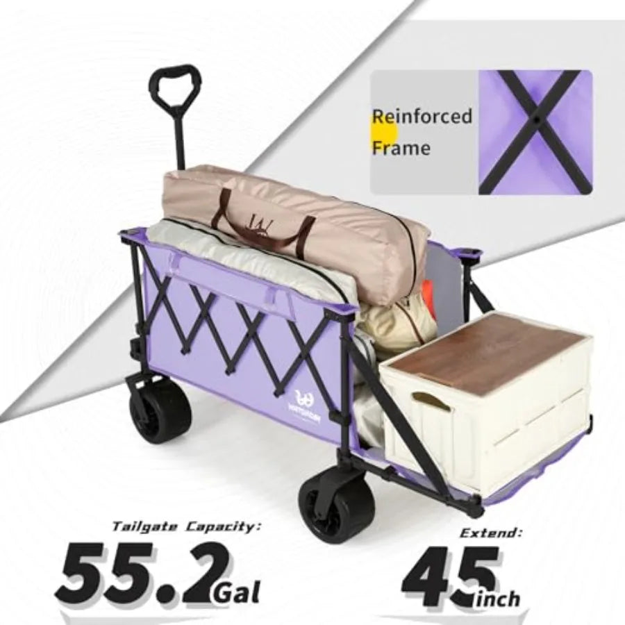 Collapsible Wagon with Tailgate Large All-Terrain Wheels Heavy-Duty Folding Utility Cart for Beach Camping Outdoor Use Purple