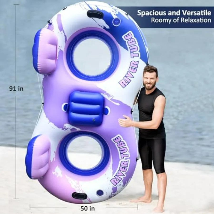 Heavy Duty Double River Tube for lakes beaches rivers pool use, PVC material, blue color, oversized 2-person inflatable float w