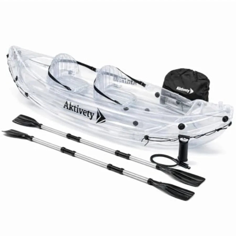 Clear Kayak for Two Adults - Transparent Inflatable Tandem with Adjustable Seats, Pump, Paddles, Carry Bag Tracking Fin - See-T