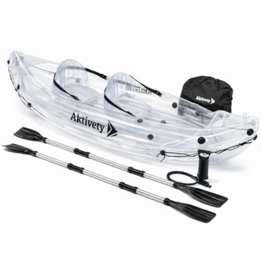 Clear Kayak for Two Adults - Transparent Inflatable Tandem with Adjustable Seats, Pump, Paddles, Carry Bag Tracking Fin - See-T