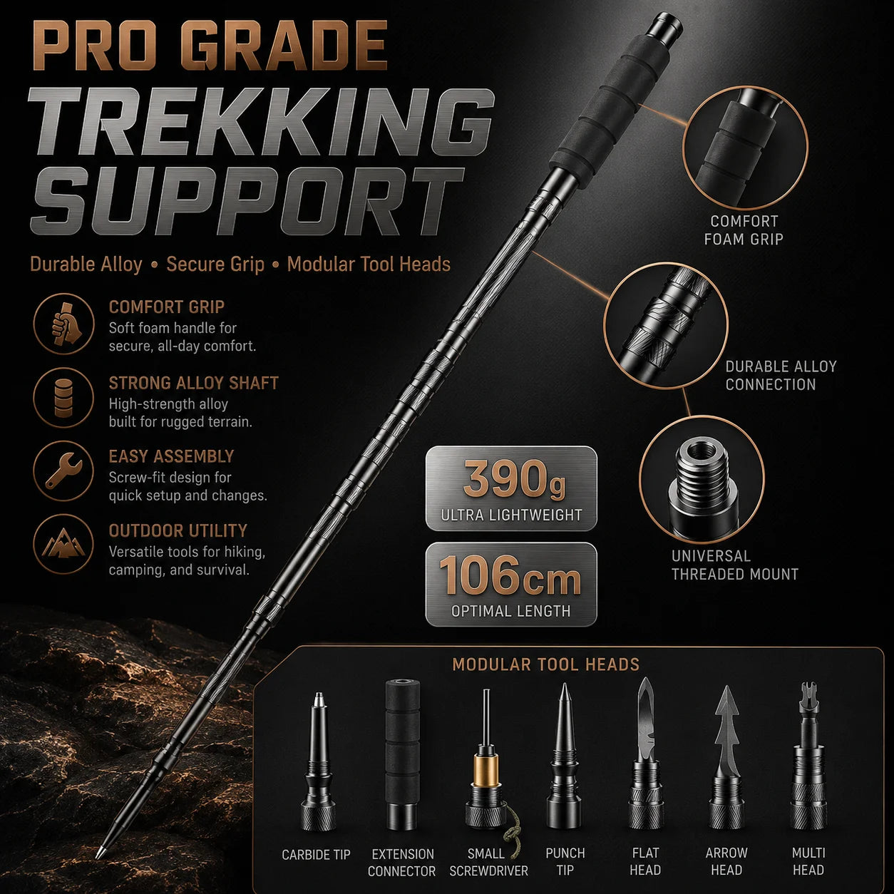 Adjustable 106CM Outdoor Walking Stick, Telescopic Lightweight Hiking Trekking Pole, Non Slip Comfort Grip Travel Camping Equipment, Durable Portable Climbing Support Tool for Outdoor Adventures & Daily Walks