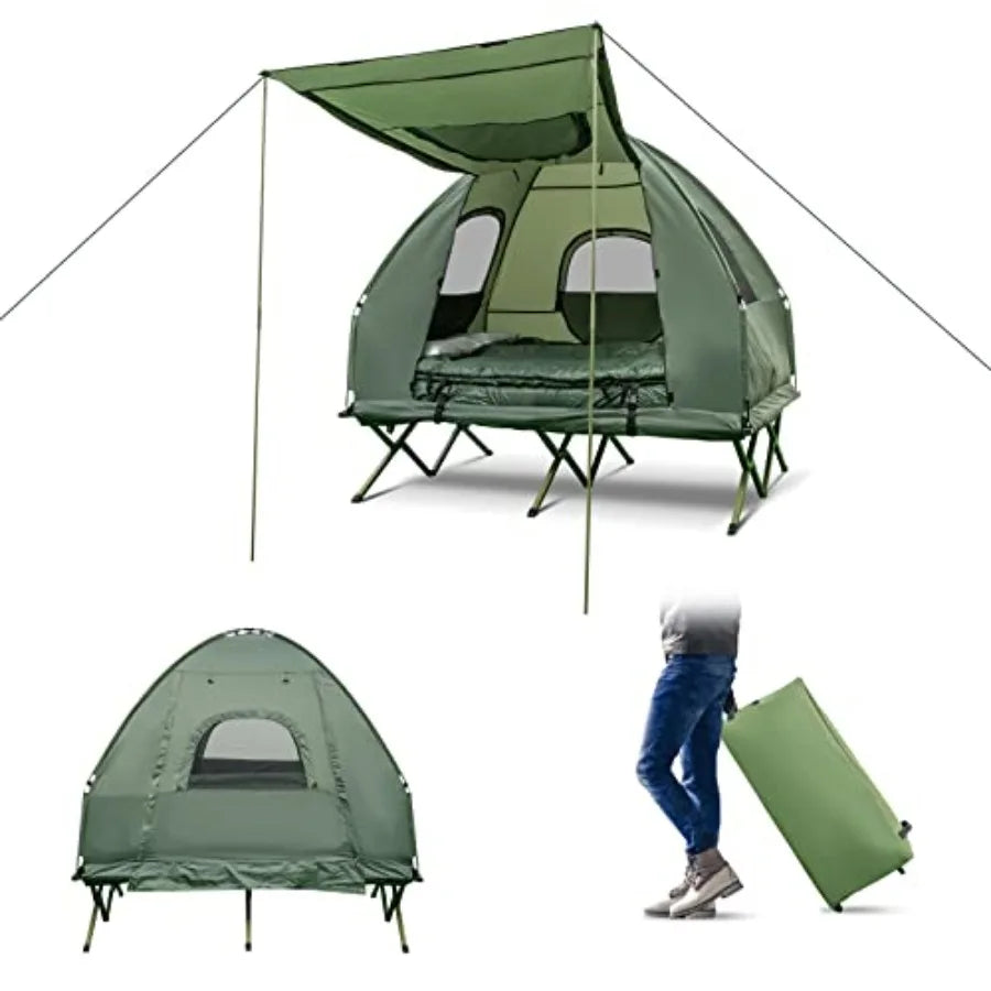 2-Person Foldable Elevated Camping Tent with Air Mattress Sleeping Bag Portable Dome Tent Cot for Hiking Camping Picnic in Grey
