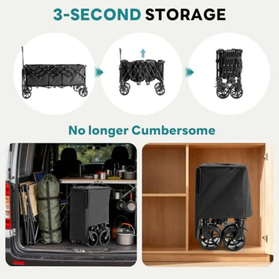 Collapsible Wagon Cart for camping, shopping, sports, beach, garden heavy duty steel, black, 440lbs capacity, 49 extra long fol