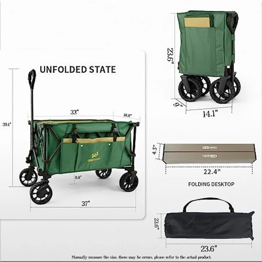 Folding Collapsible Utility Wagon 400Lbs Heavy Duty Outdoor Park Beach Wagon with Table and Side Pocket for Garden Camping Spor