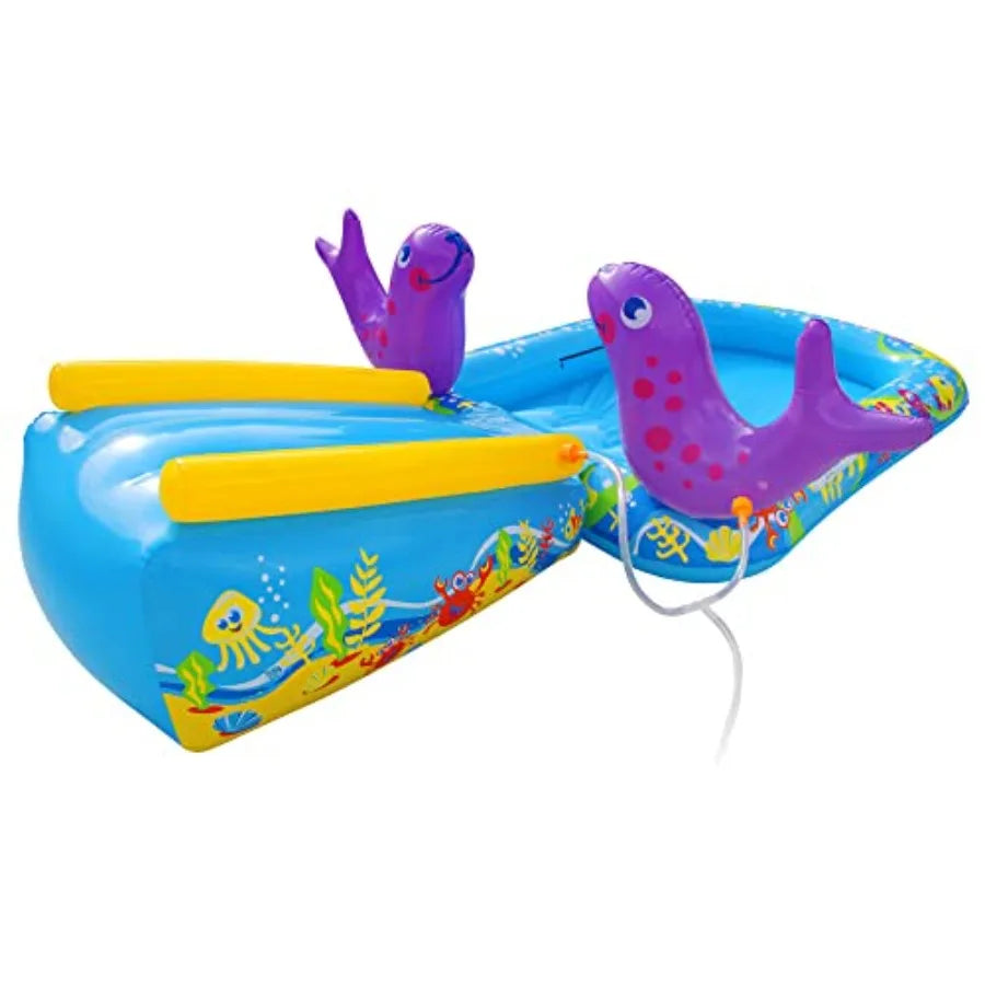 My First Water Slide for Outdoor Pool Inflatable Water Park with Blue and Yellow Design Durable PVC Material Easy to Set Up and