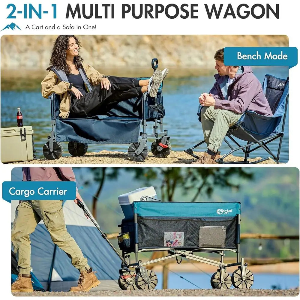 3-in-1 500lbs Utility Wagon Turn to Bench Seat,Wagon with Love-Seat or 2 Adults,oldable Beach Wagon Chair with Adjustable Handle