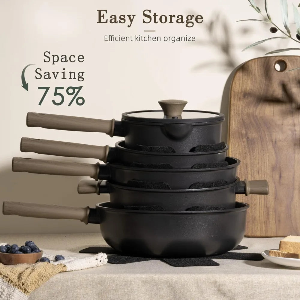 19 Pcs Pots and Pans Set Non Stick, Black Titanium Induction Cookware, PTFE PFOA PFOS Free