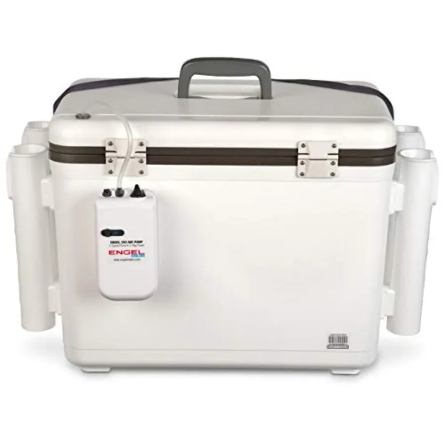 Fishing bait station: 30qt white live bait cooler box with 2nd gen 2-speed aerator pump and 4 rod holders, polyethylene, white,