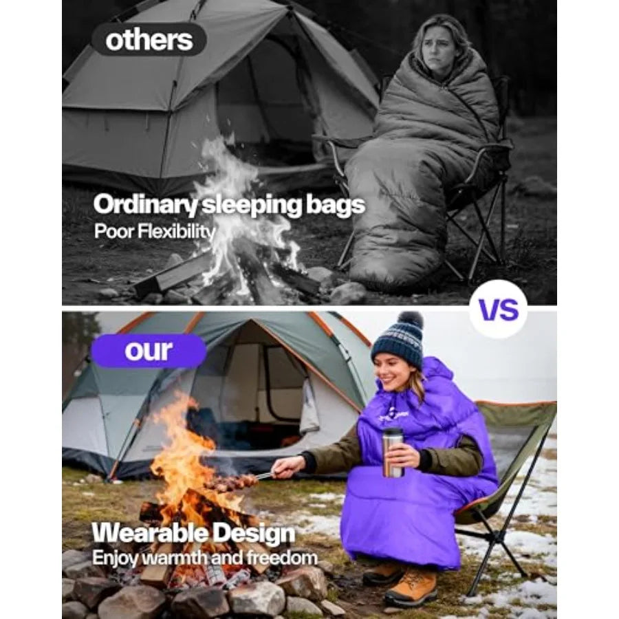 Wearable Sleeping Bag for Adults and Walkable with Arm Zippers, Warm Weather and Cold Waterproof, Compact for Camping, Stadiums