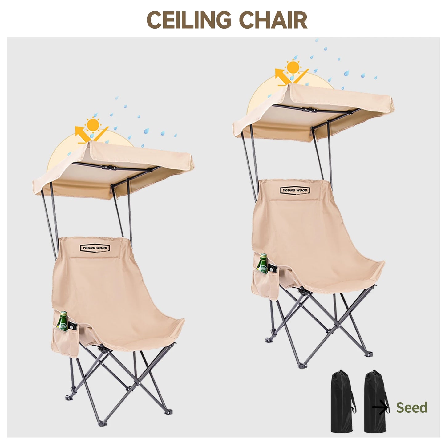 2PC Fold Lightweight Oversized For All YOUNG WOOD Portable Camping Chair Beach Chair With Shade Canopy, Easy To Open And Close