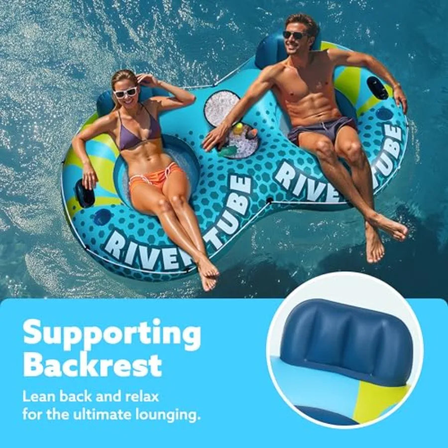 River Tube For Adults, Heavy Duty PVC, Blue, Extra-Large Floating Raft With 2 Cup Holders And Removable Cooler