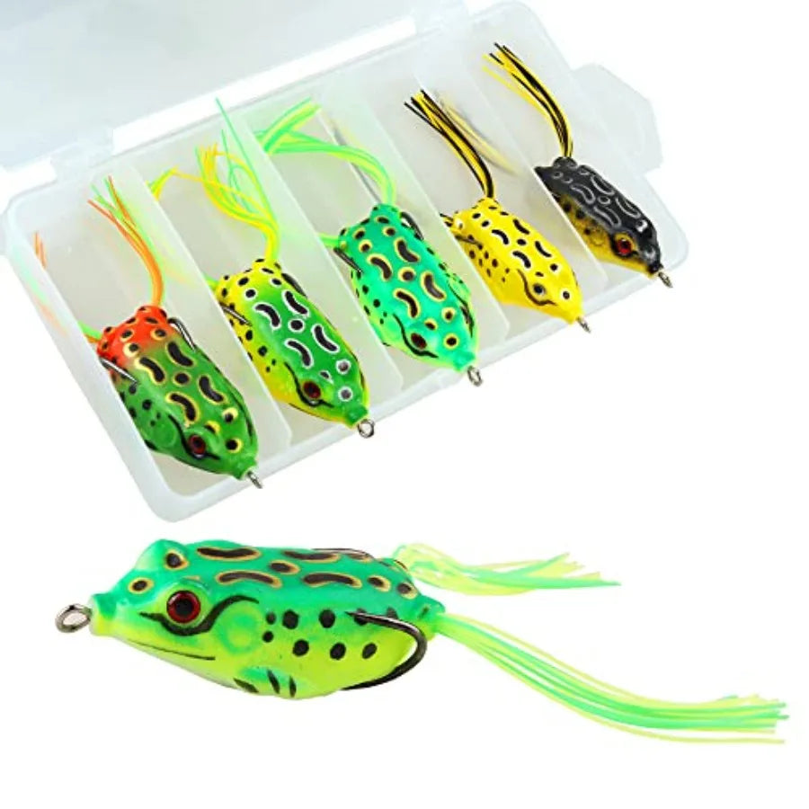 5PCS Topwater Frog Lures Set with Box, Realistic Soft Hollow Body Fishing Lures for Bass Snakehead Pike Bowfin, Weedless Freshw