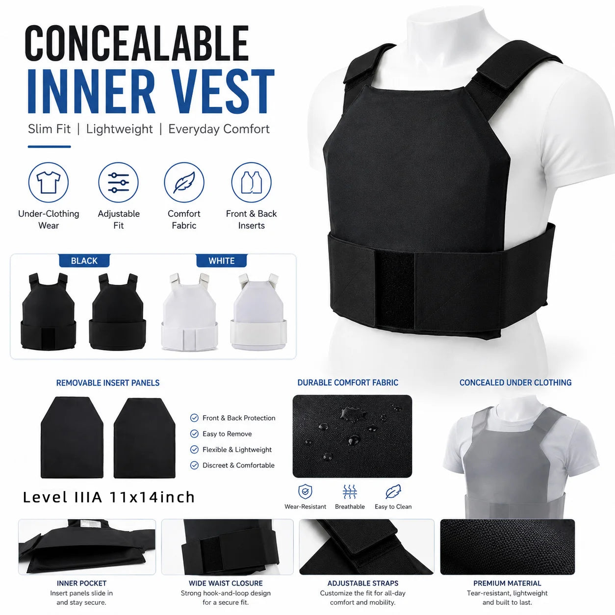 Thin Breathable Concealed Safety Vest-Can Insert 11x14inch 3a Board for Outdoor Safety Protection (Board Not Included)
